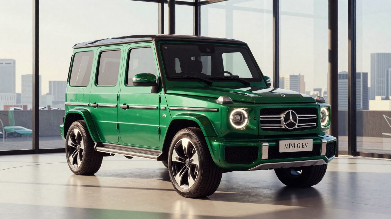 Veículo elétrico Mercedes-Benz MINI-G EV verde exibido em ambiente interior moderno com grandes janelas.