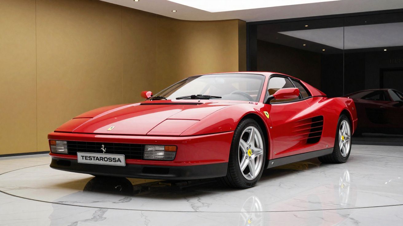Ferrari Testarossa vermelha clássica exposta num piso branco brilhante e parede bege.