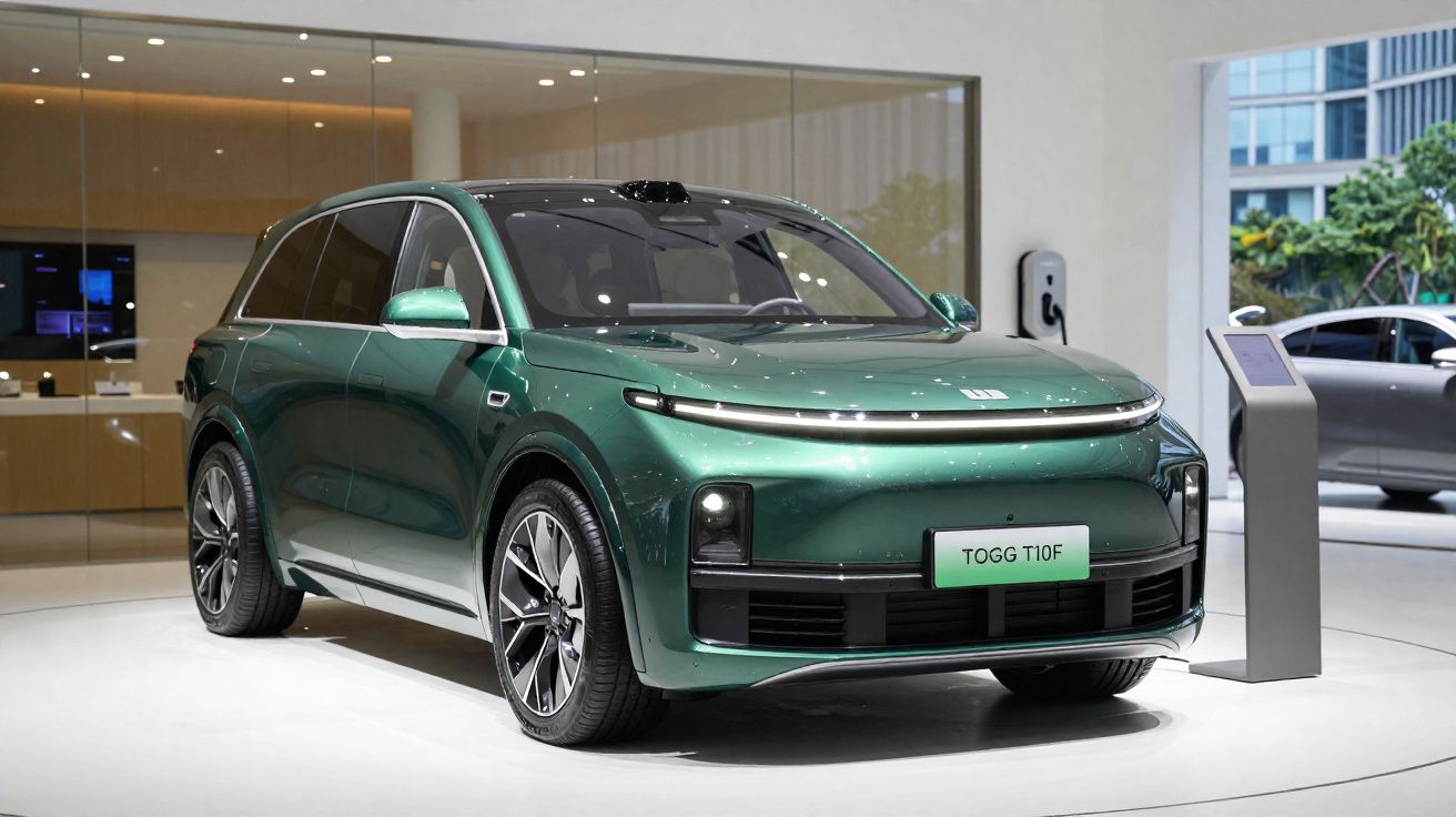 Carro SUV elétrico verde escuro TOGG T10F em exposição num ambiente moderno e luminoso.