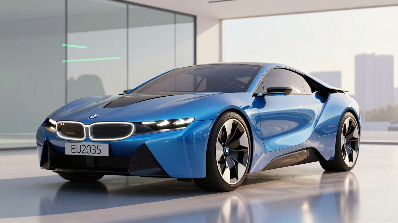 Carro desportivo azul BMW i8 estacionado em ambiente moderno com vidro e edifícios ao fundo.