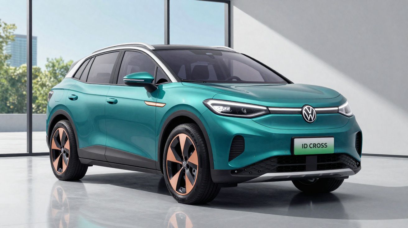 Carro elétrico Volkswagen ID Cross verde num ambiente interior iluminado, vista frontal direita.