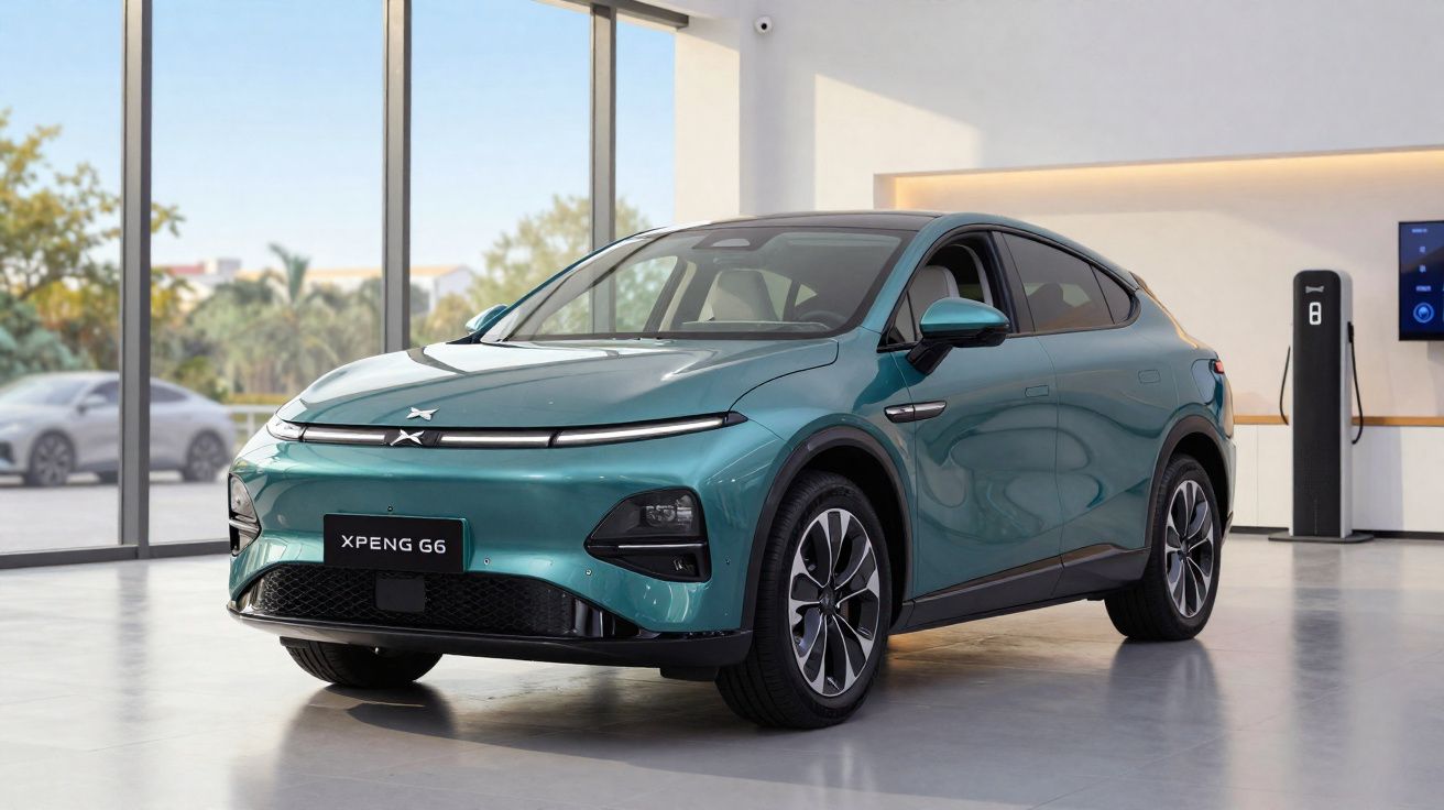 Carro elétrico XPeng G6 verde exposto em showroom moderno com carregador elétrico ao fundo.
