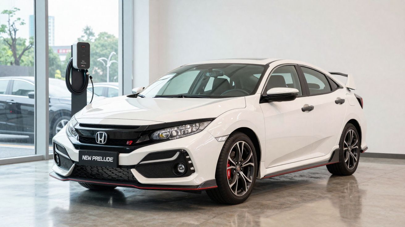 Carro branco Honda New Prelude estacionado em showroom moderno com parede branca e piso cinzento.