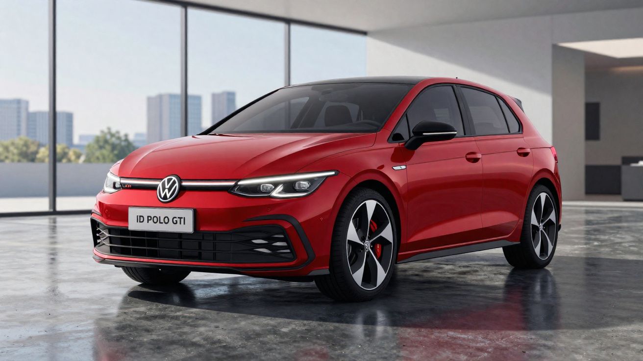 Carro vermelho Volkswagen ID Polo GTI estacionado em piso de garagem com grandes janelas ao fundo.