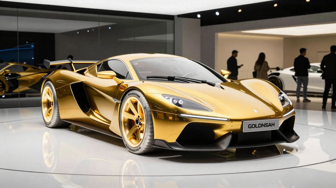 Carro desportivo dourado metalizado exposto em salão automóvel com pessoas ao fundo.
