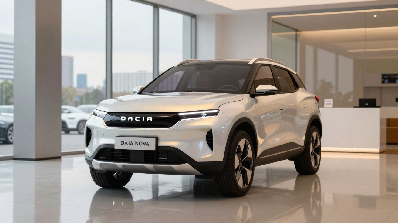 Veículo elétrico branco Dacia Nova em exposição numa sala com grandes janelas e piso polido.