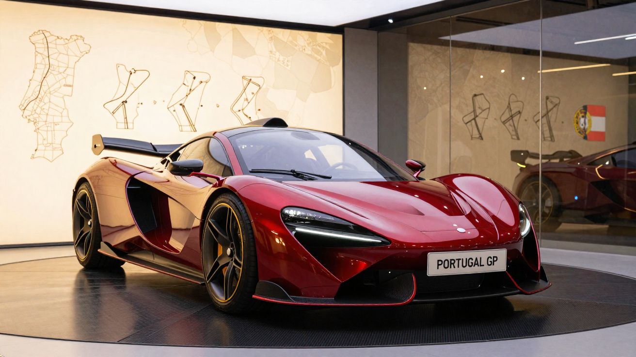 Carro desportivo vermelho McLaren exposto com mapas do Grand Prix de Portugal ao fundo.