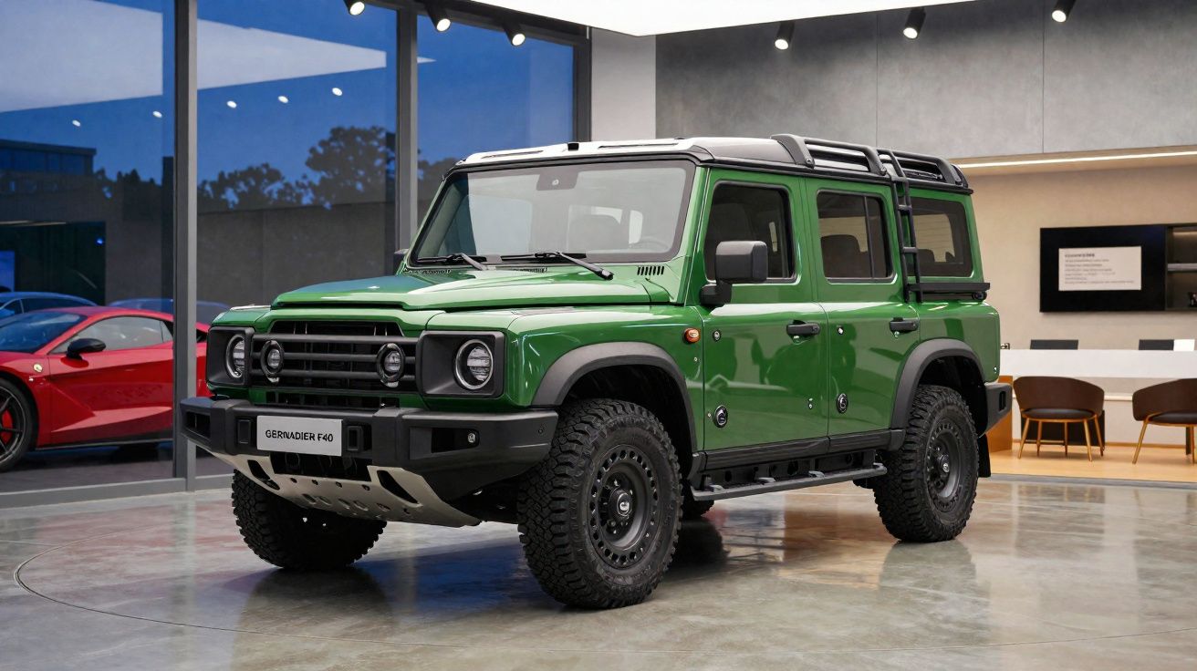 Veículo todo-o-terreno verde estacionado num showroom moderno com paredes envidraçadas.