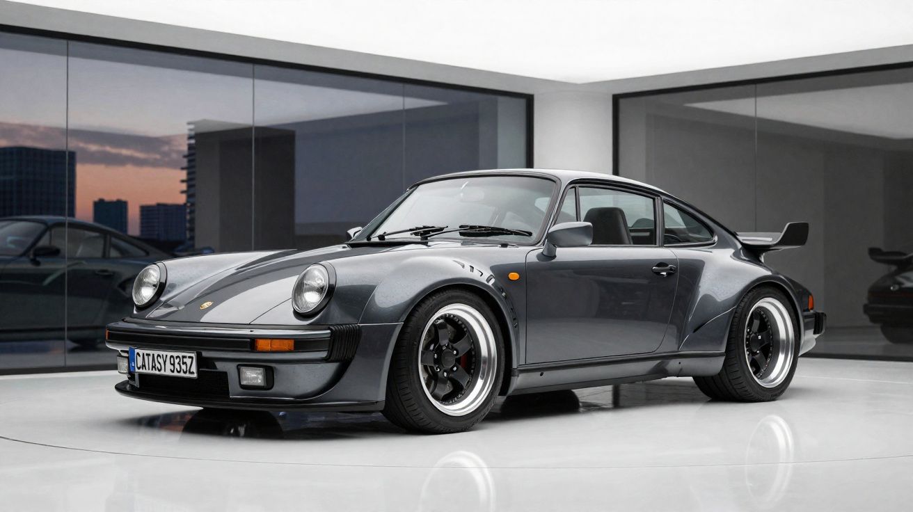 Carro desportivo clássico Porsche 911 cinzento escuro estacionado em piso branco com vidro refletor ao fundo.