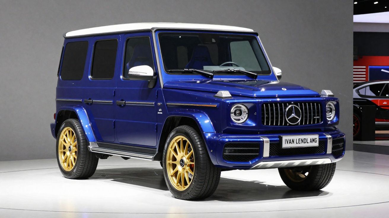 Carro SUV Mercedes-Benz AMG azul com tejadilho branco e jantes douradas exposto numa feira automóvel.