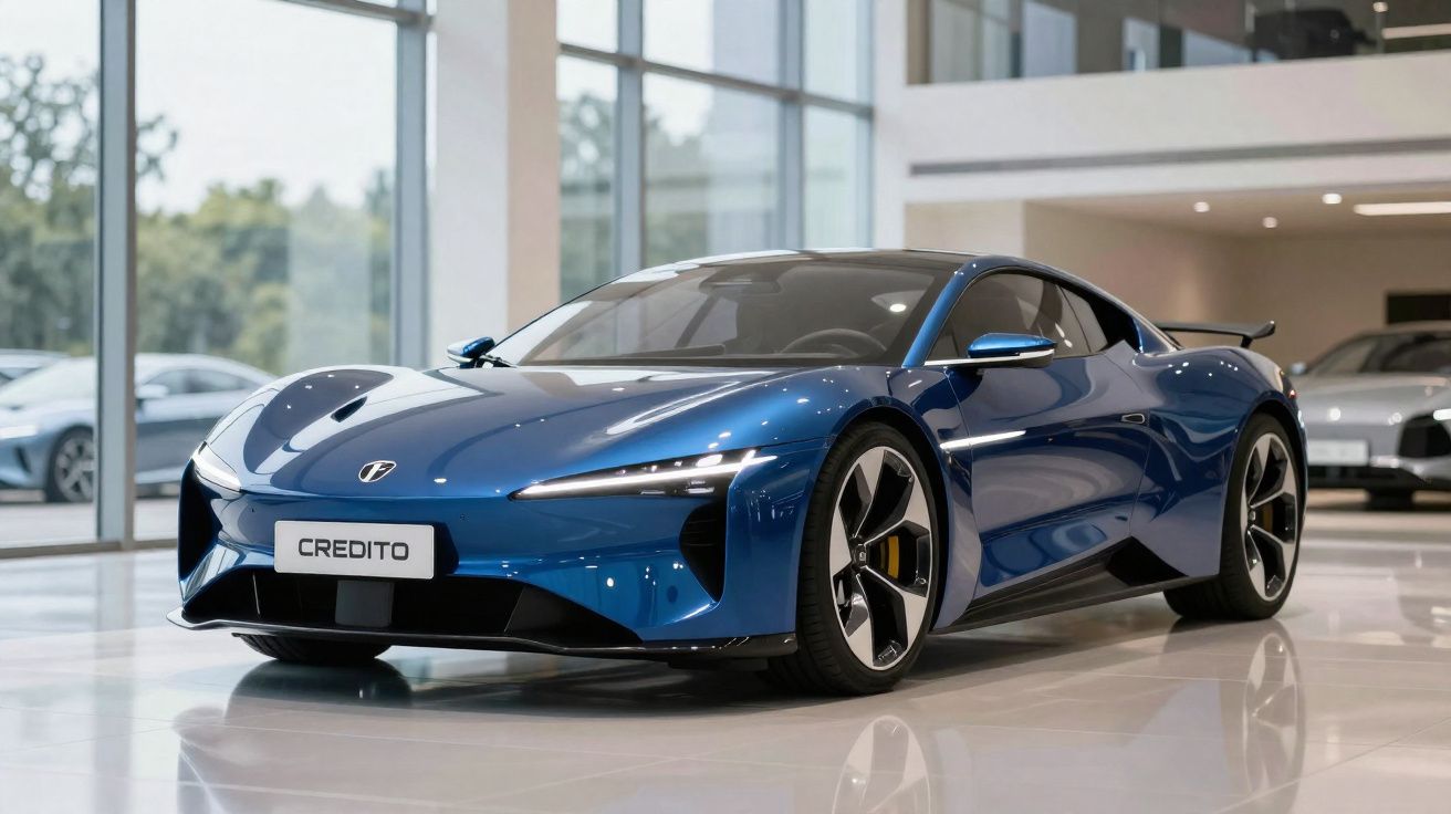 Carro desportivo eléctrico azul com design aerodinâmico, exibido num showroom moderno.