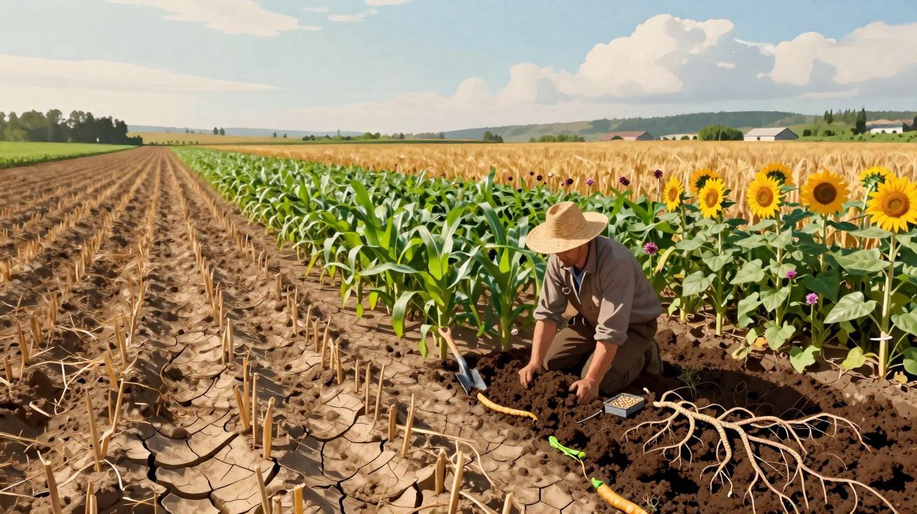 Agricultor a trabalhar na terra junto a fileiras de girassóis e milho num campo rural ao entardecer.