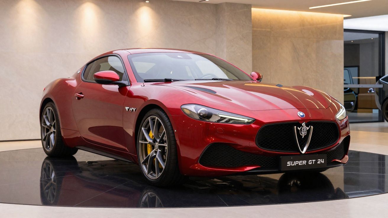 Automóvel desportivo vermelho Alfa Romeo Super GT 24 exposto em espaço interior moderno.