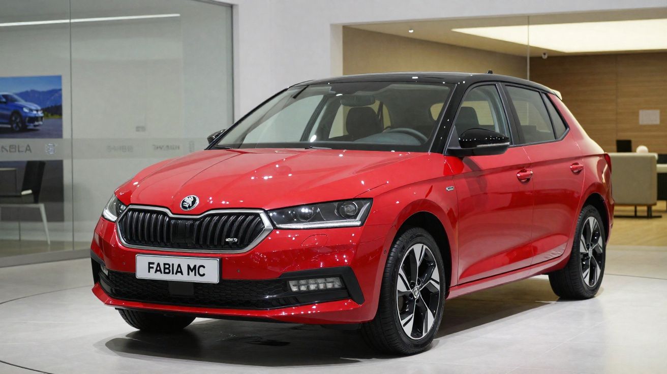 Carro Škoda Fabia MC vermelho exposto em stand, vista frontal direita.