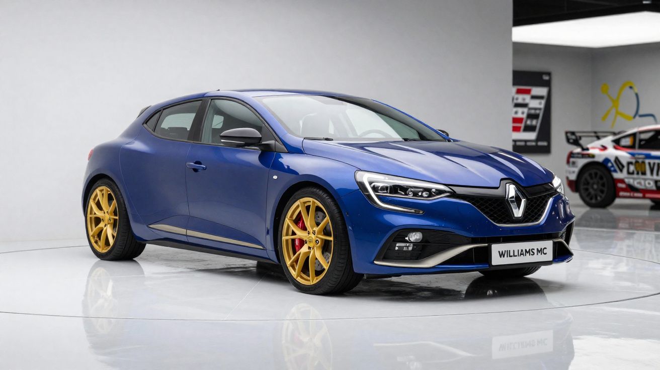 Carro desportivo Renault Williams MC azul com jantes douradas em ambiente interior branco e moderno.