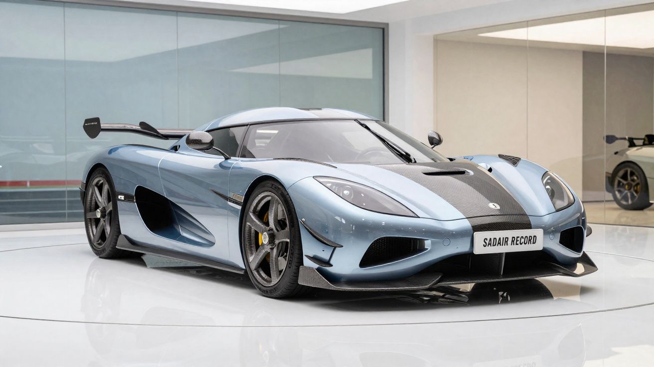 Carro desportivo cinza metálico com detalhes em fibra de carbono numa sala moderna e minimalista.