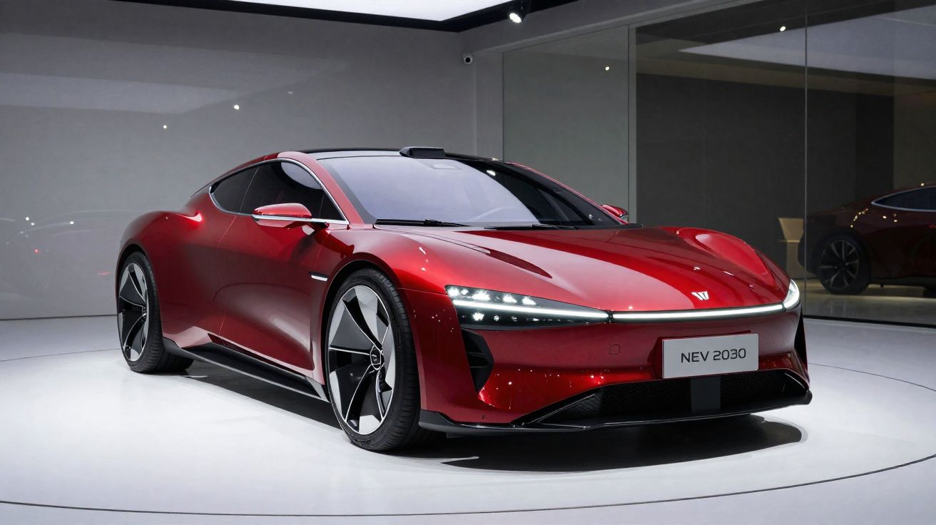 Carro desportivo elétrico vermelho brilhante com design futurista em exposição num salão moderno.