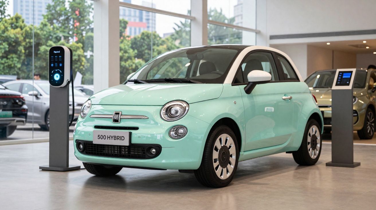 Carro elétrico híbrido Fiat 500 verde claro numa área de exposição com carregador ao lado.
