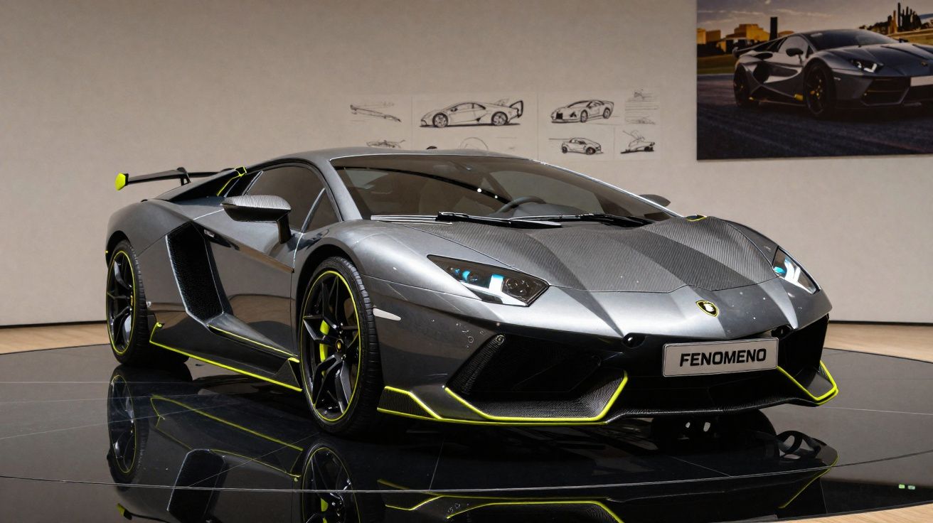 Carro desportivo cinzento metálico com detalhes em amarelo, estacionado numa sala de exposição com desenhos na parede.