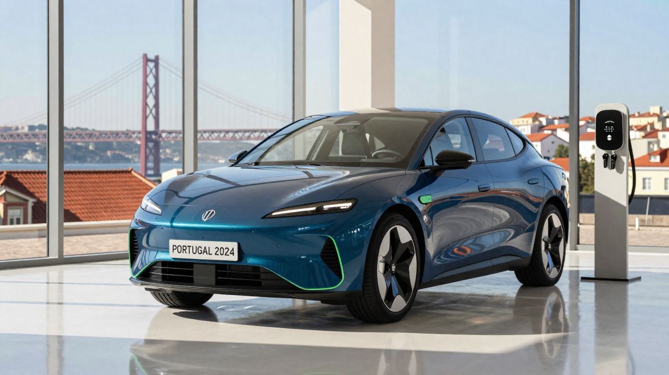 Carro elétrico azul estacionado junto a posto de carregamento, com vista para a ponte 25 de Abril em Lisboa.