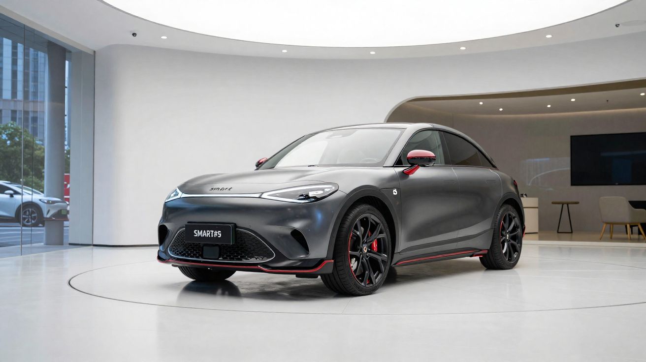 Carro elétrico Smart #5 cinza com detalhes vermelhos, apresentado num salão moderno e minimalista.