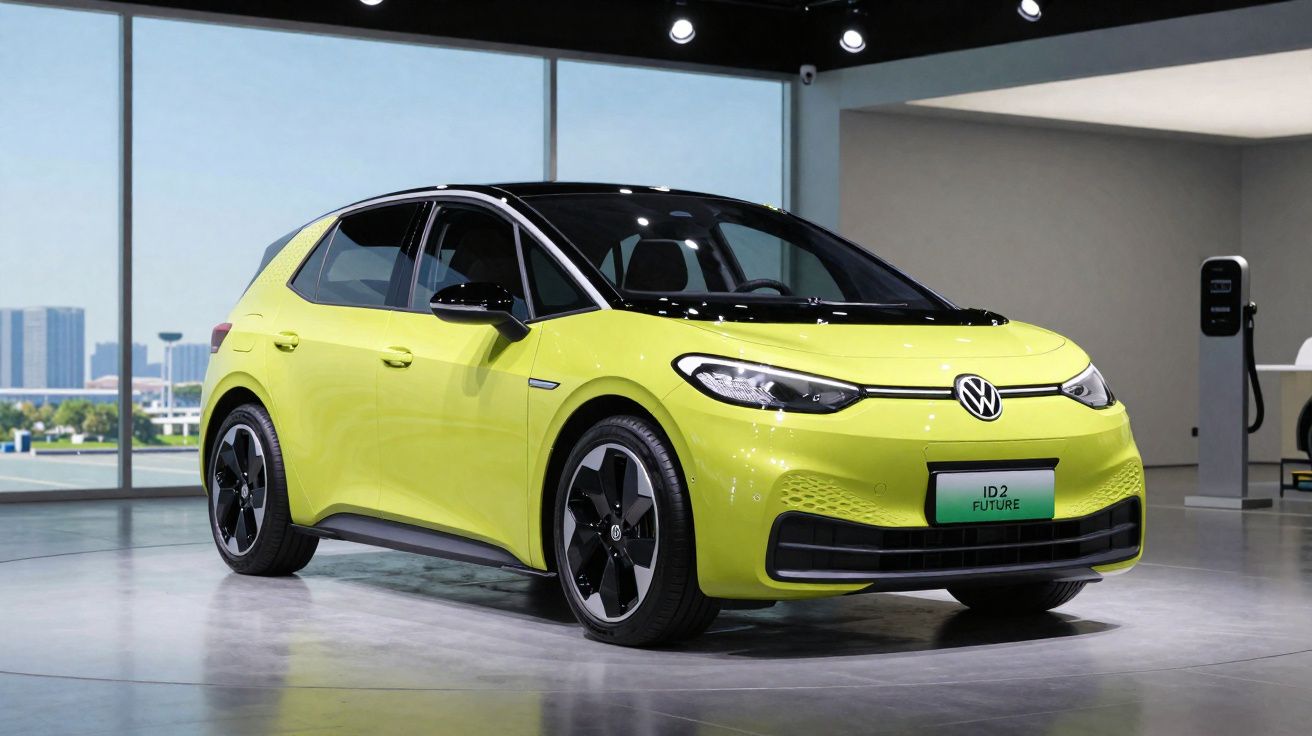 Carro elétrico Volkswagen ID.2 Future amarelo exibido em showroom moderno com grandes janelas.