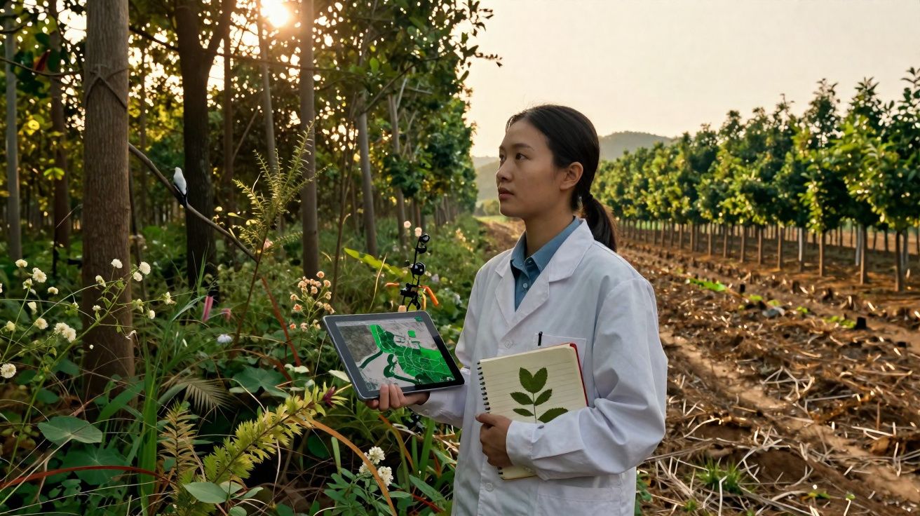 Mulher cientista com bata branca analisa plantas numa plantação ao pôr do sol, segurando tablet e caderno.