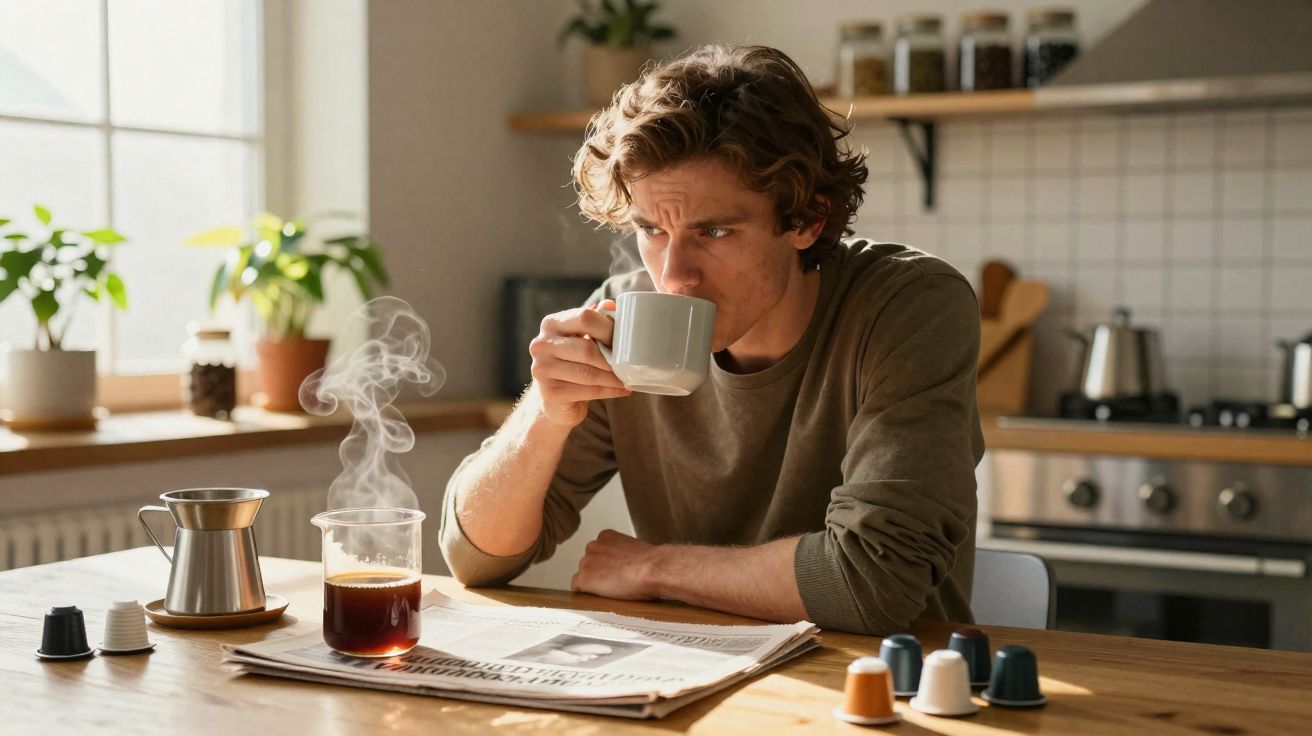 Homem sentado à mesa numa cozinha, a beber café e a ler o jornal numa manhã luminosa.