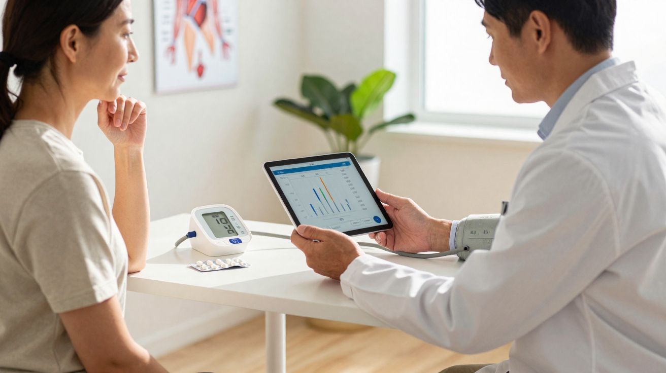 Médico a mostrar gráficos num tablet a paciente durante consulta, com aparelho de pressão arterial na mesa.
