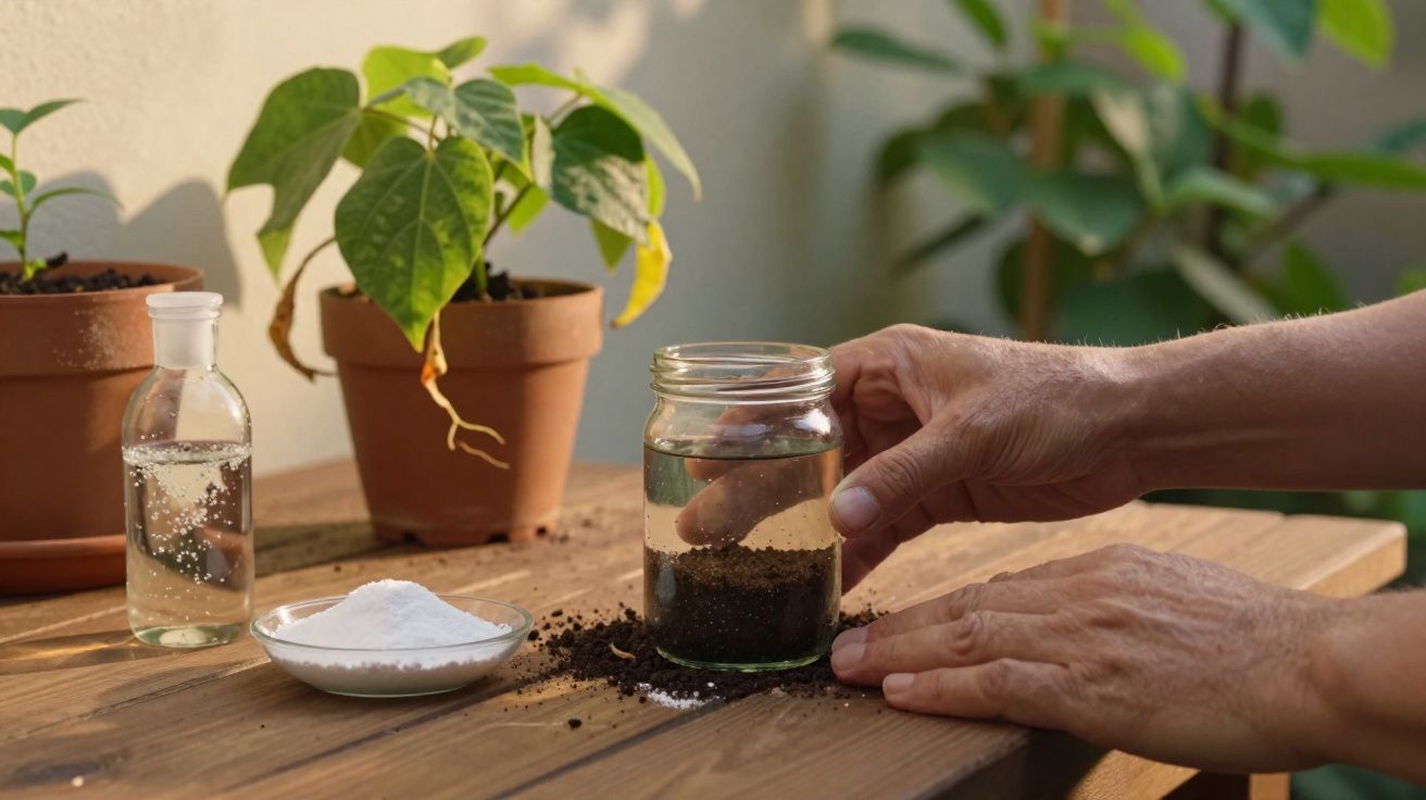 Mãos a preparar método de propagação de planta com jarra, terra, bicarbonato de sódio e garrafa com líquido.