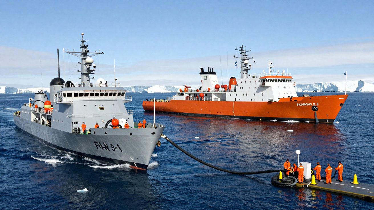 Dois navios, um cinzento e um laranja, ligados por um tubo no mar junto a uma plataforma com pessoal em fatos laranja.