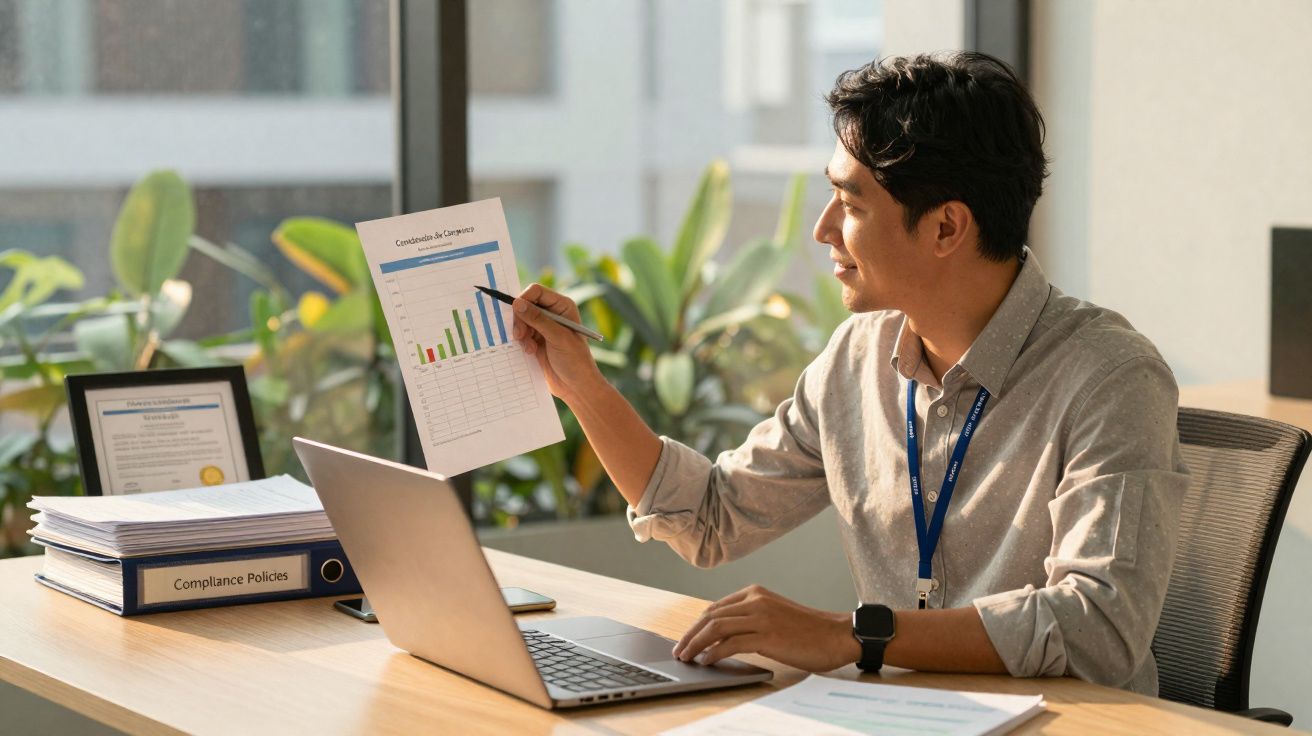 Homem sentado no escritório a apresentar gráfico de barras com informações de cumprimento.