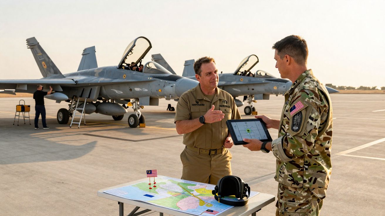 Dois militares americanos em discussão junto a mesa com mapa e fones, com caças F-18 ao fundo numa pista de aeroporto.