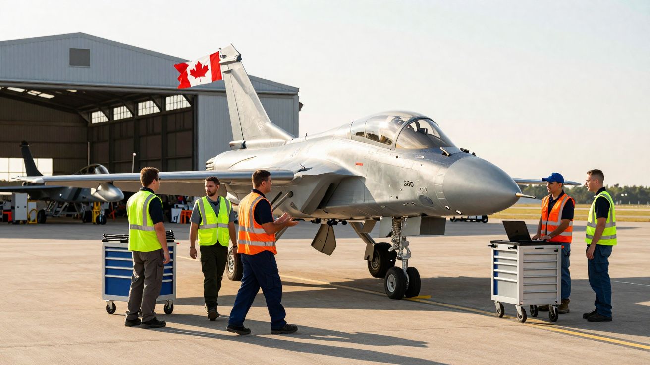 Cinco técnicos trabalham na manutenção de um jato militar próximo a um hangar com bandeira do Canadá.