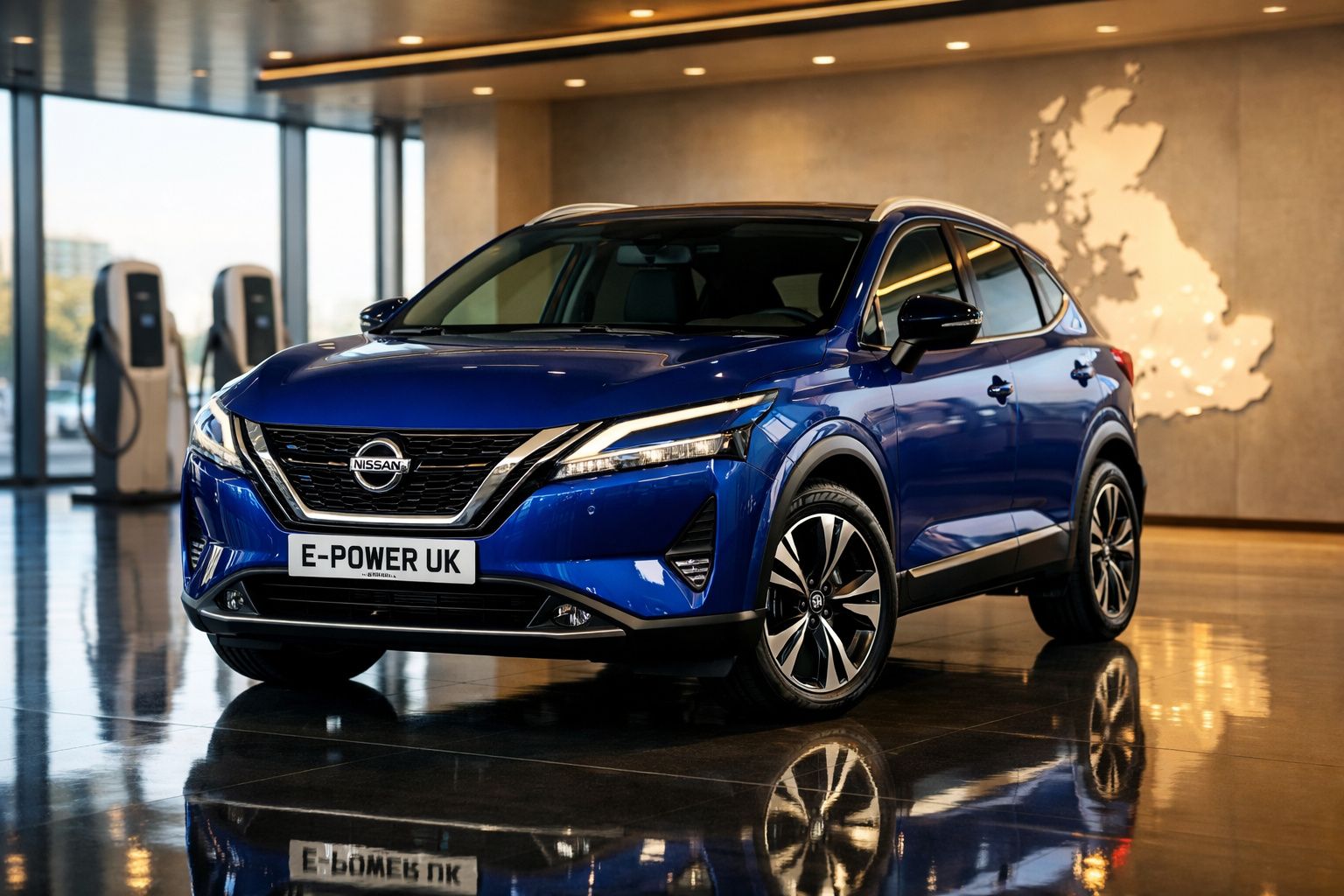 Carro elétrico Nissan E-Power azul estacionado em showroom moderno com pontos de carregamento ao fundo.