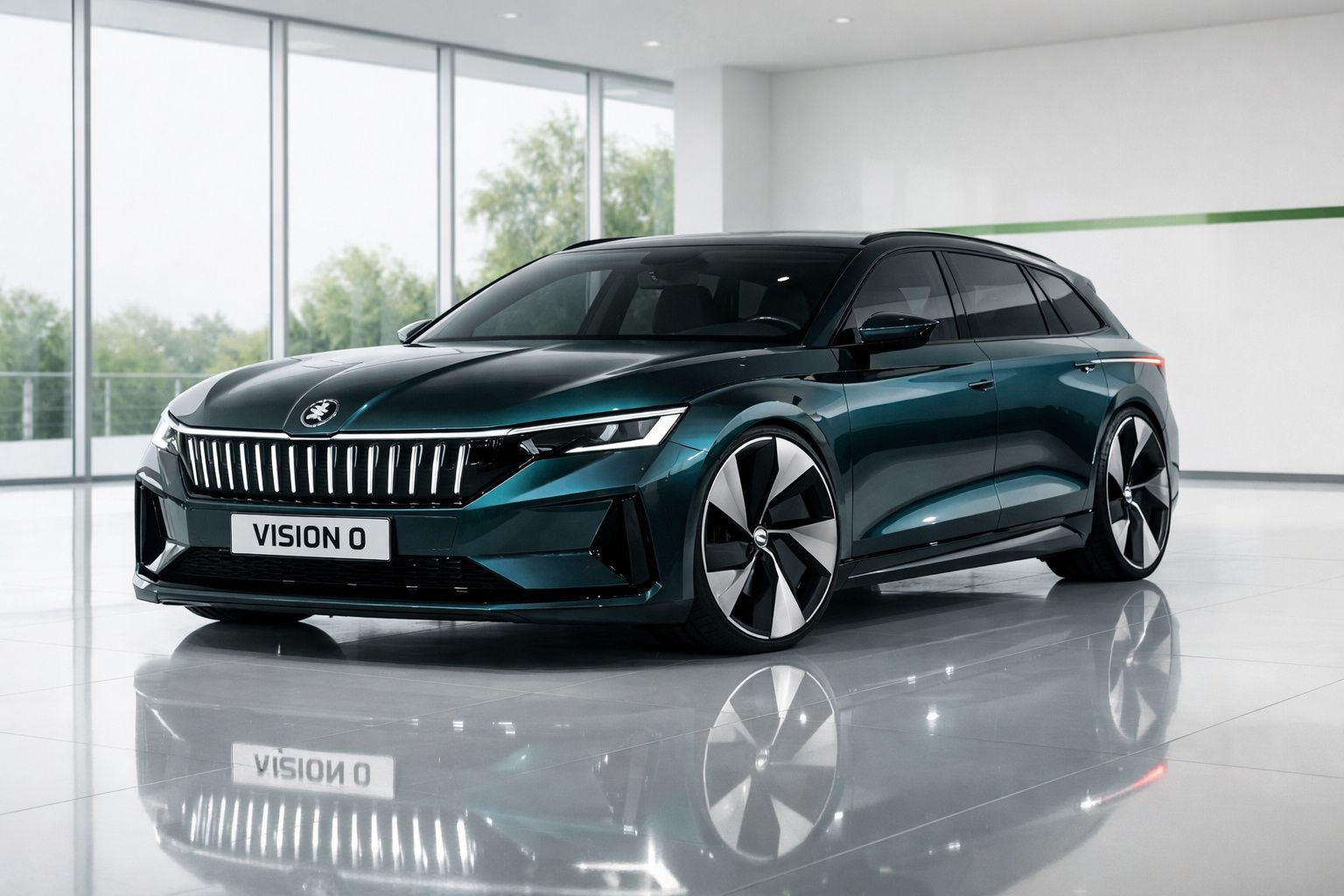 Carro elétrico conceito Skoda Vision 0 verde escuro estacionado em showroom com chão espelhado.