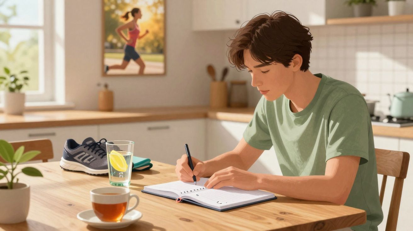 Jovem sentado à mesa a escrever num diário, com ténis, chá e copo de água com limão na cozinha iluminada.