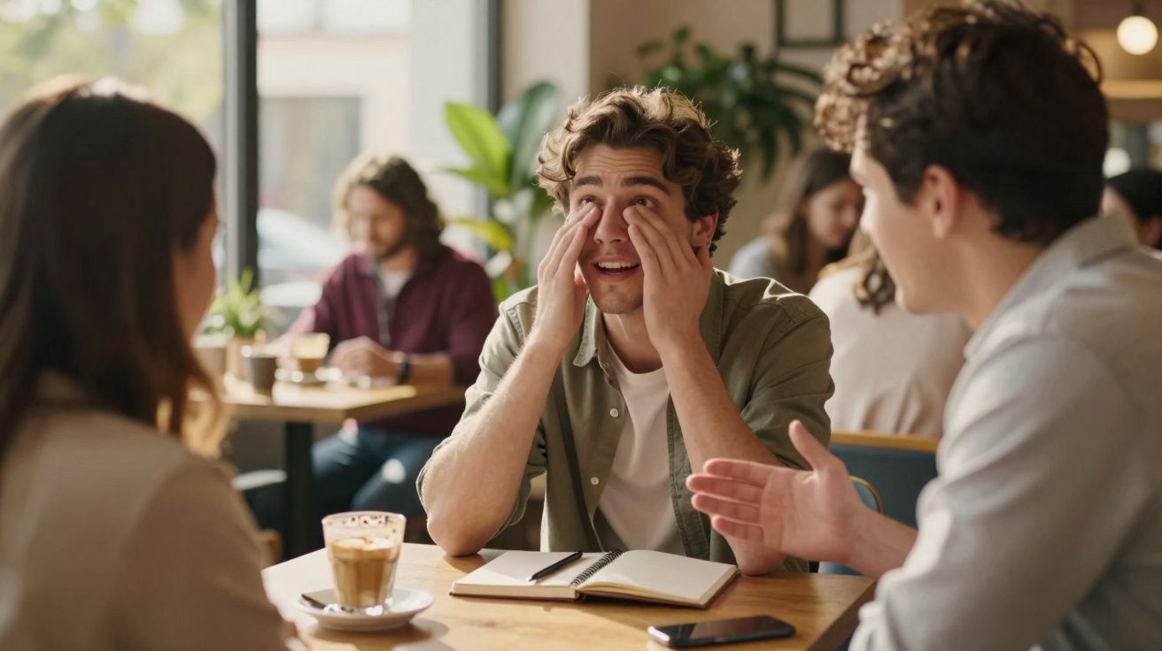 Homem a esfregar os olhos sentado à mesa com caderno aberto, entre duas pessoas num café.