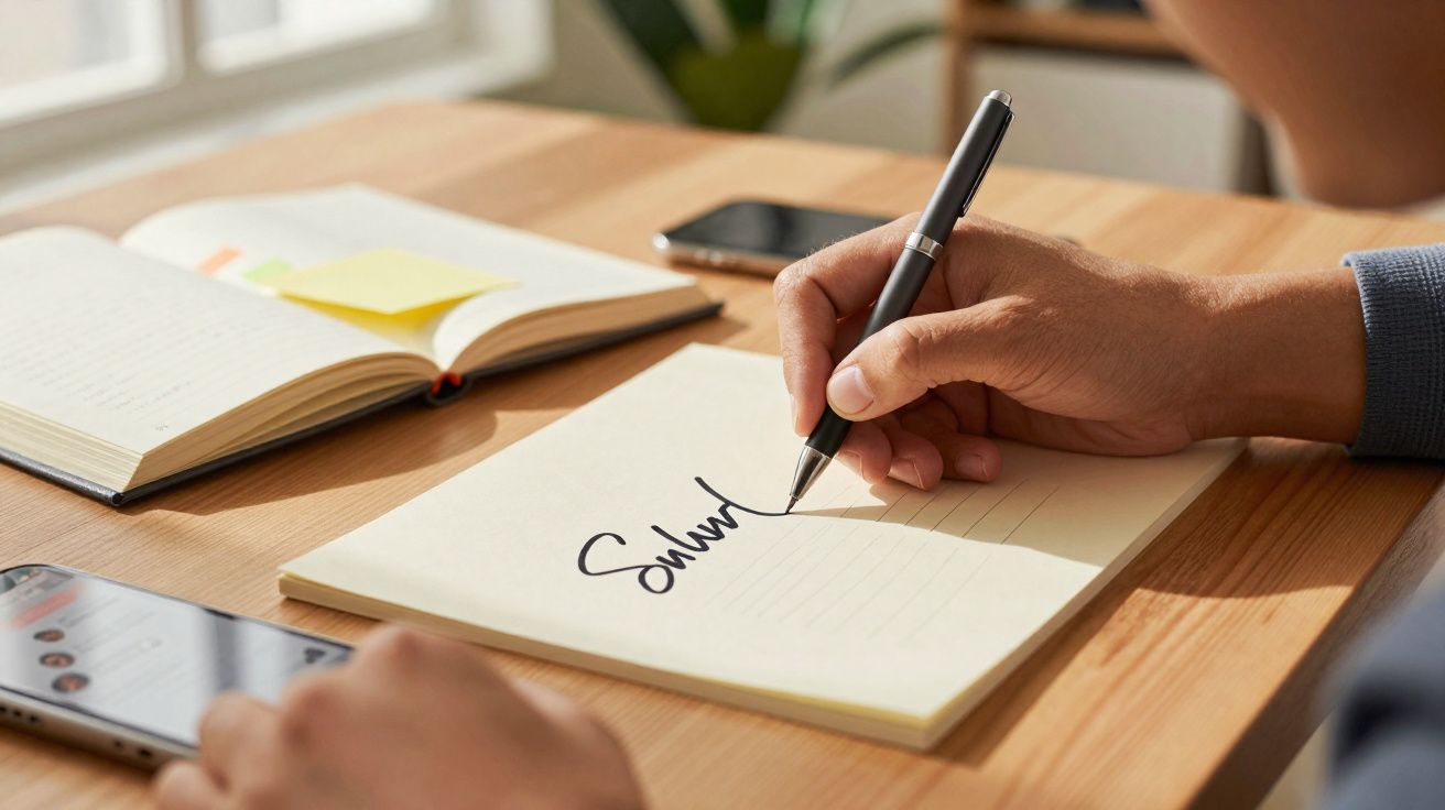 Pessoa a escrever a palavra "Saúde" numa folha com uma caneta, com telemóvel e livro sobre a mesa.