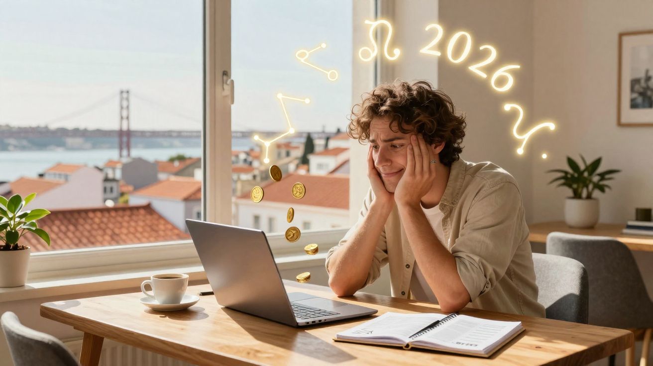 Jovem sentado a trabalhar num computador portátil com símbolos astrológicos e moedas douradas flutuando, vista urbana atrás.