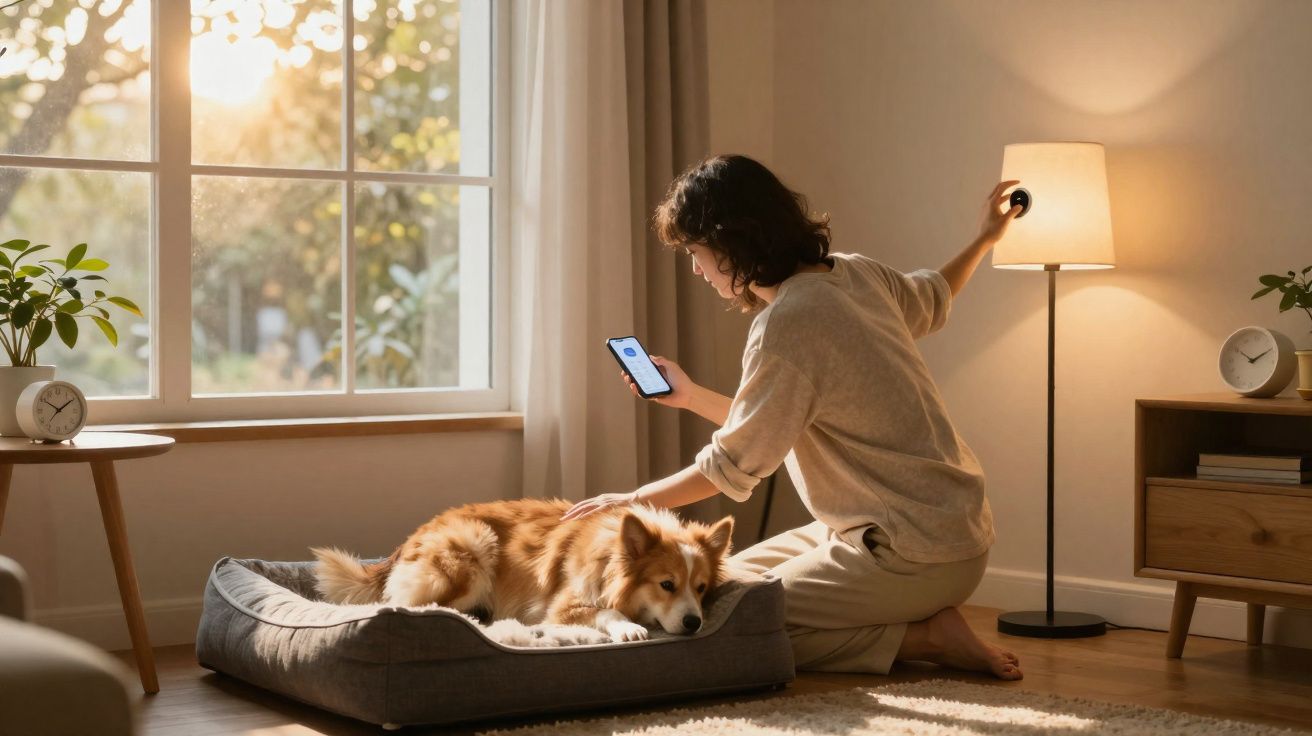 Mulher ajusta a luz de um candeeiro enquanto acaricia um cão deitado numa cama ao lado da janela.