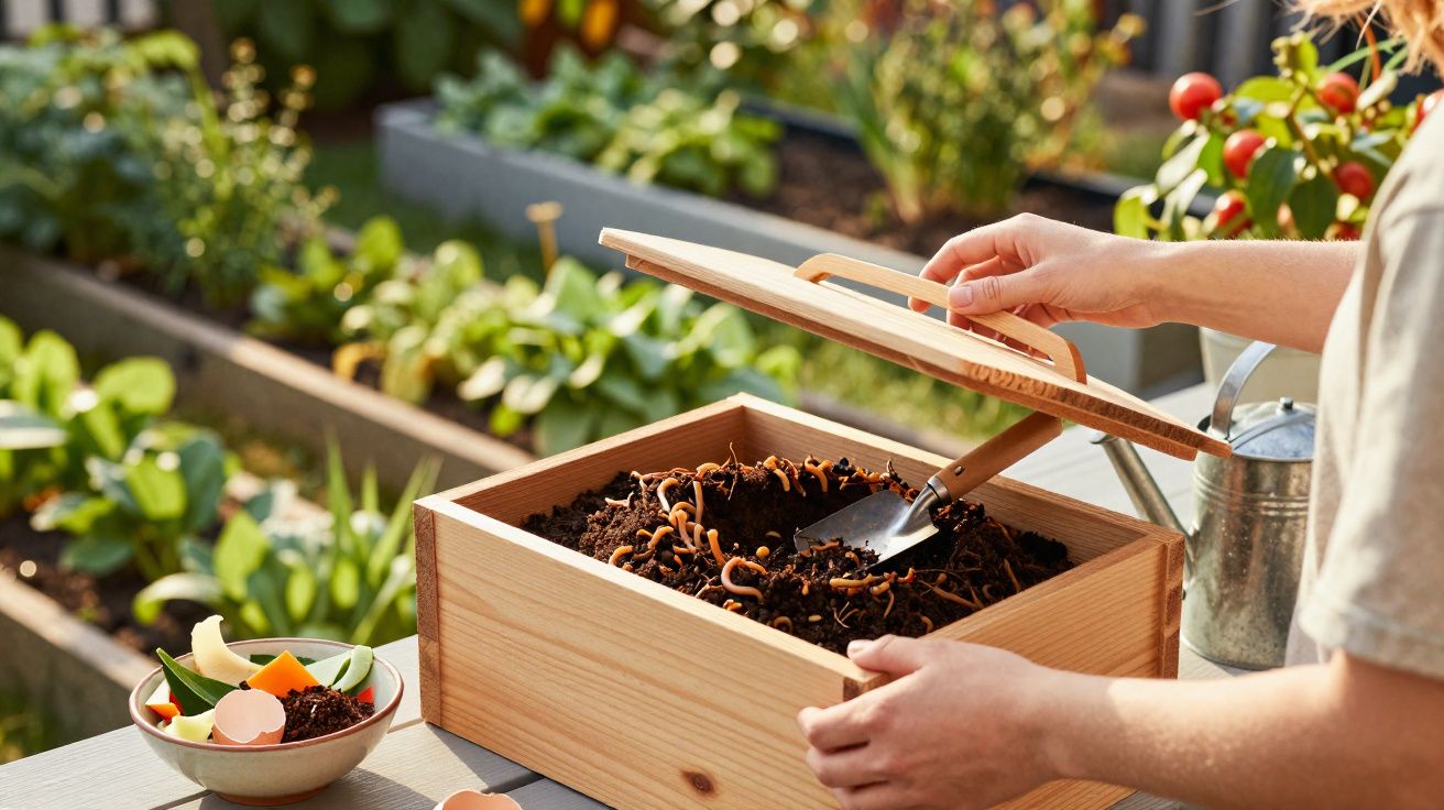 Pessoa a abrir compostor doméstico com minhocas e restos de vegetais numa horta urbana.