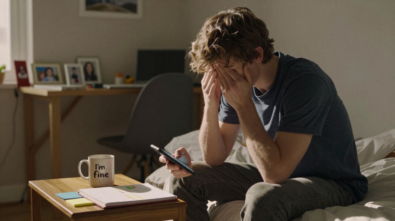 Jovem sentado na cama com expressão preocupada, segurando um telemóvel numa mão e a outra na cara.