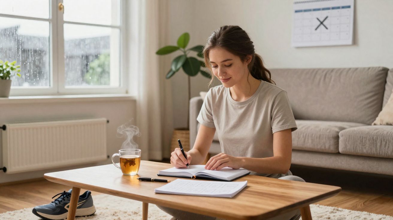Mulher sentada no chão a escrever num caderno numa sala com janela, planta, sofá e chá quente na mesa.