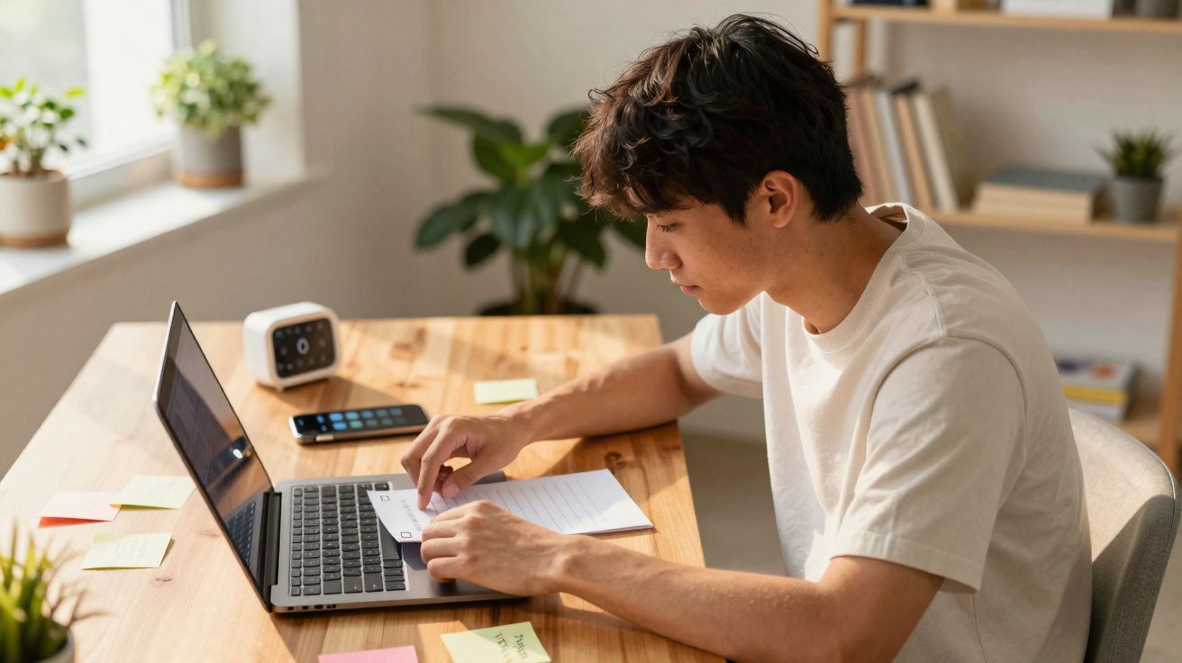 Homem sentado a trabalhar no portátil numa secretária com papéis e notas adesivas coloridas.