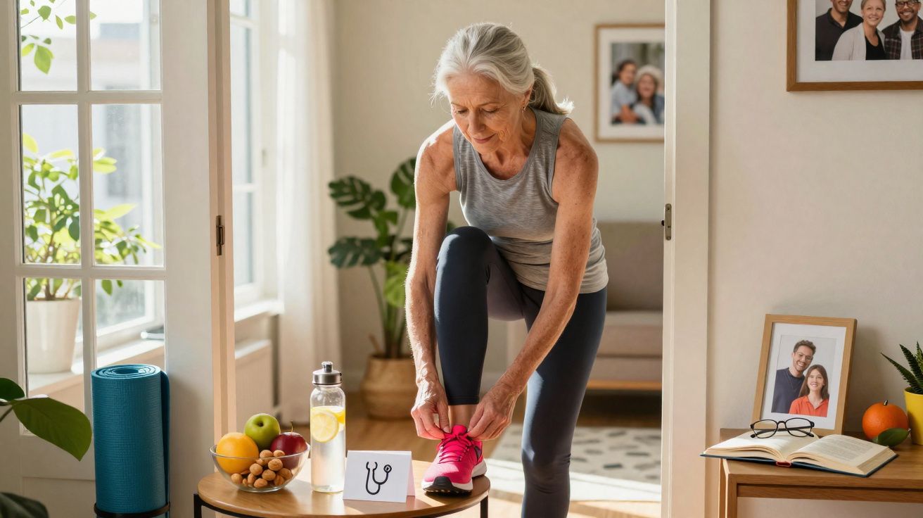 Mulher sénior a calçar ténis rosa numa divisão luminosa com acessórios de exercício e frutas.