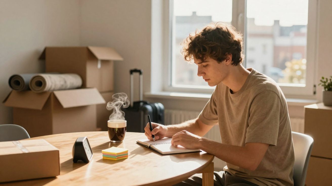 Jovem sentado a escrever numa agenda num ambiente com caixas e mala, junto a uma janela iluminada.