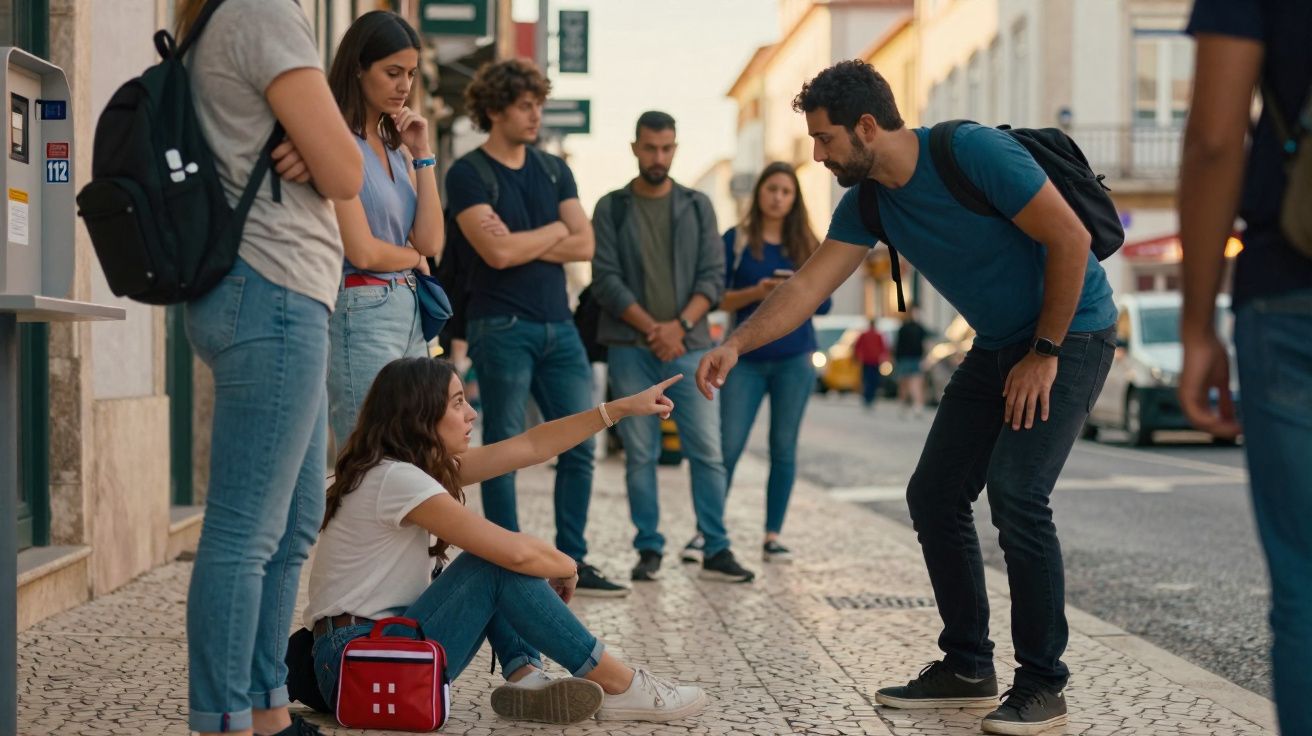 Grupo de jovens na rua observa rapariga sentada no chão que aponta enquanto rapaz se inclina para falar com ela.