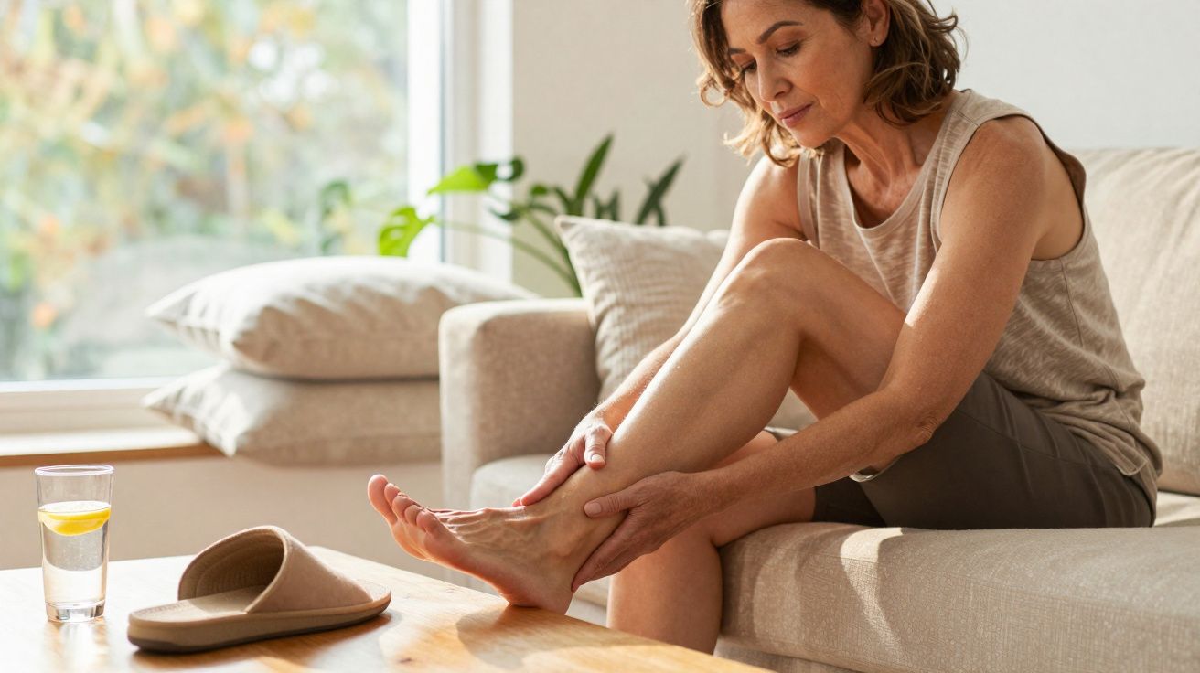 Mulher sentada no sofá a segurar o tornozelo, aparentando dor ou desconforto nos pés.