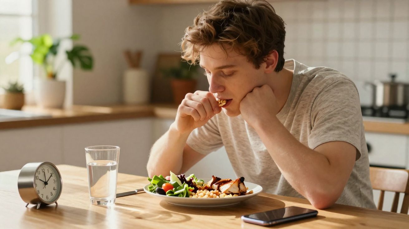 Jovem a comer uma refeição saudável à mesa da cozinha, com relógio e telemóvel à sua frente.